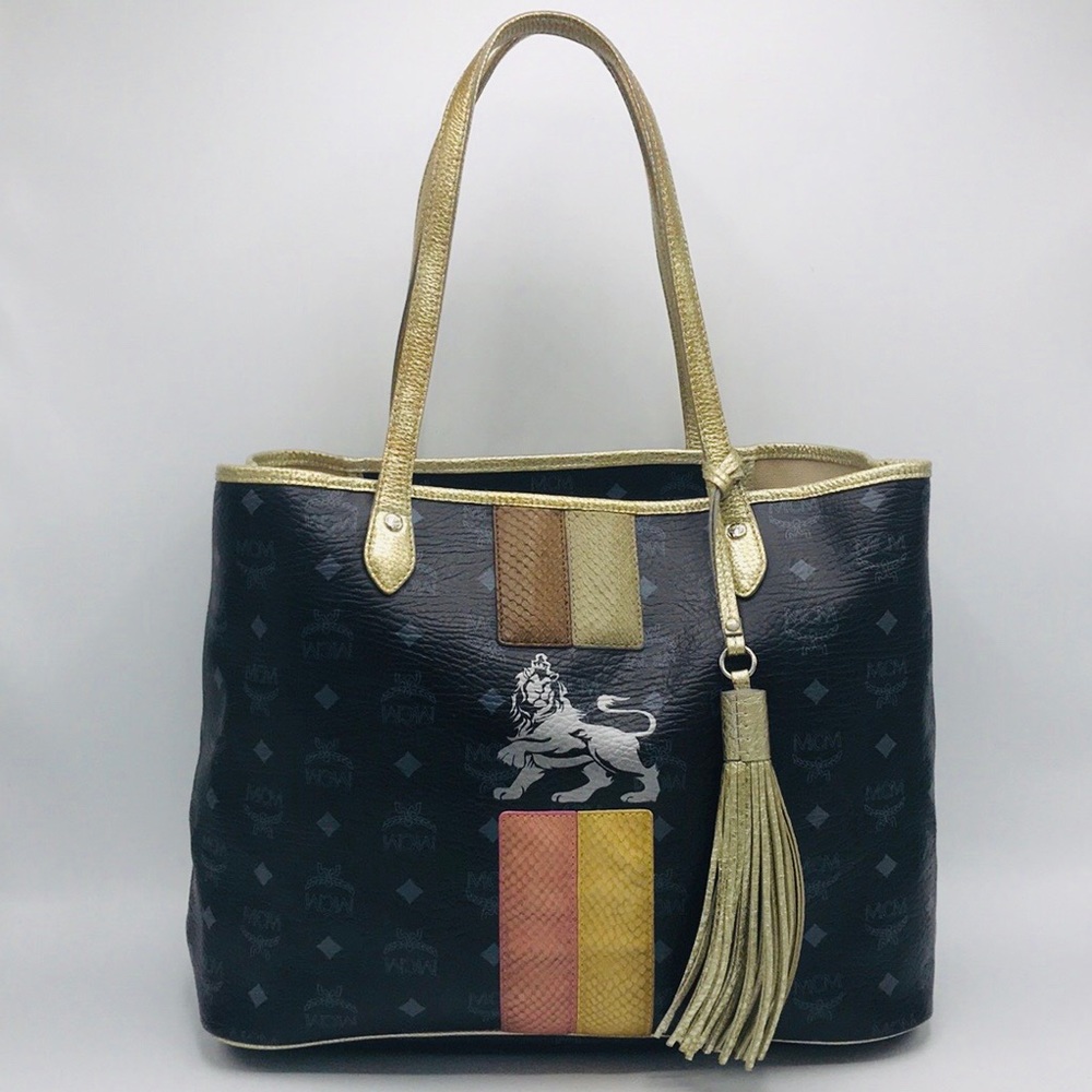 Authentic MCM Lion Black Leather Tote Shoulder Bag